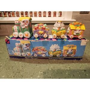 Holiday Workshop Porcelain Train Candle Holders Easter Bunnies Boxed Set of 4